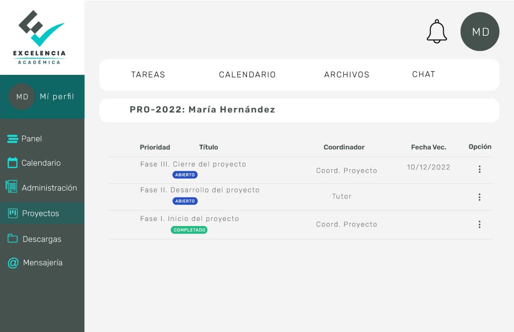 App: pantalla de proyectos